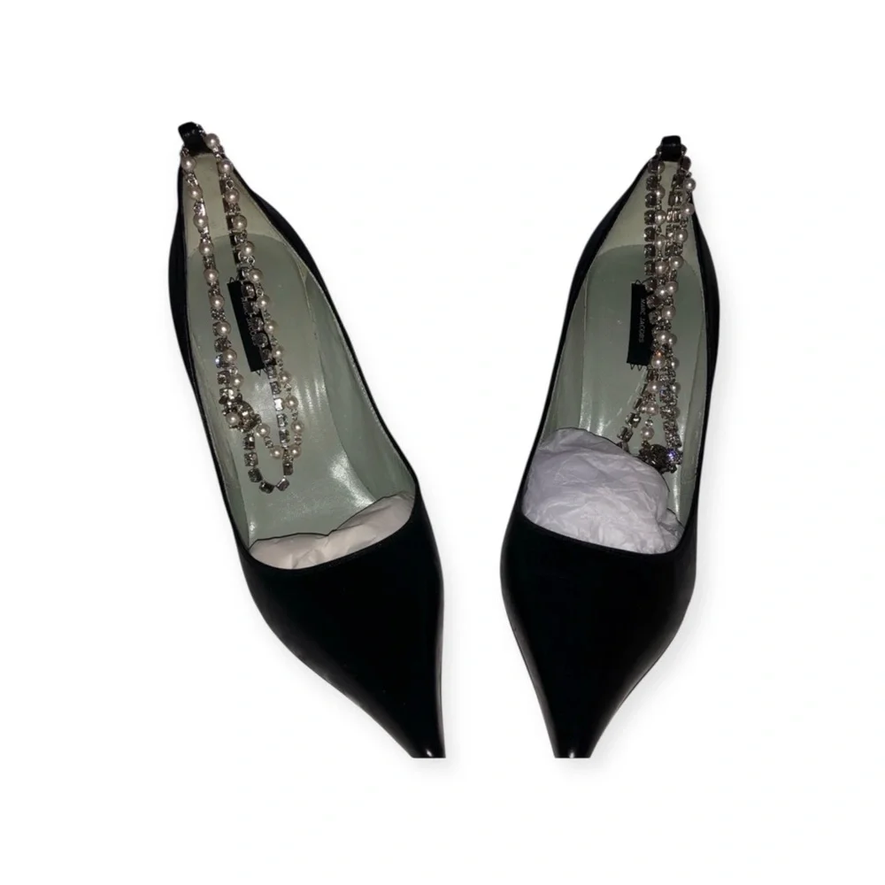 NWT Marc Jacobs Black Pointed-Toe Slingback Heels W/Crystal Embellished Strap, 8